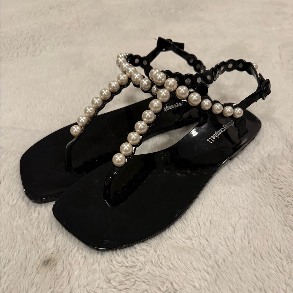 Jeffrey Campbell Black Patent T-Strap Sandals with Pearls - Picture 2 of 5